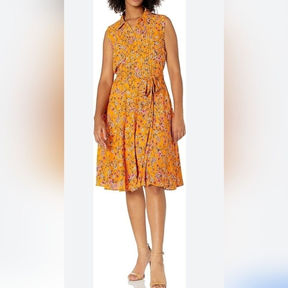 Nanette Lepore Floral Dress Women 8 Yellow Sleeveless Pintuck Belted Botanical